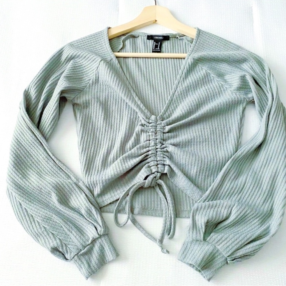 Sage Cropped Ruched Drawstring Chest Thermal / Waffle Knit Long Sleeve Top
